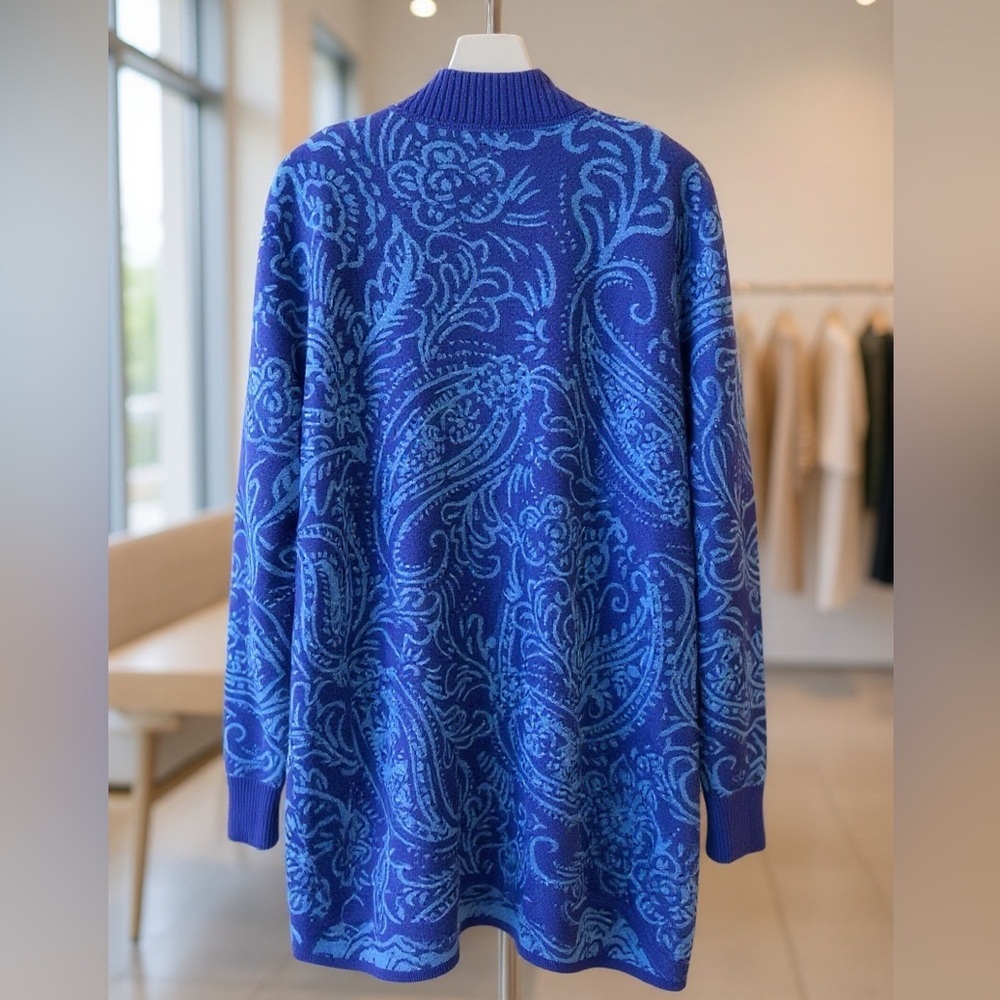 Isaac Mizrahi Blue Paisley Double Knit Jacquard Cardigan Size XL - Picture 4 of 7